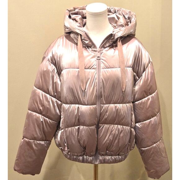 Zara Hooded Puffer Jacket Pink Metallic Medium - Picture 3 of 12